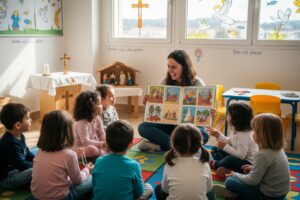 Une femme assise en tailleur sur un tapis lit un livre illustré à un groupe d'enfants attentifs dans une salle de classe.
