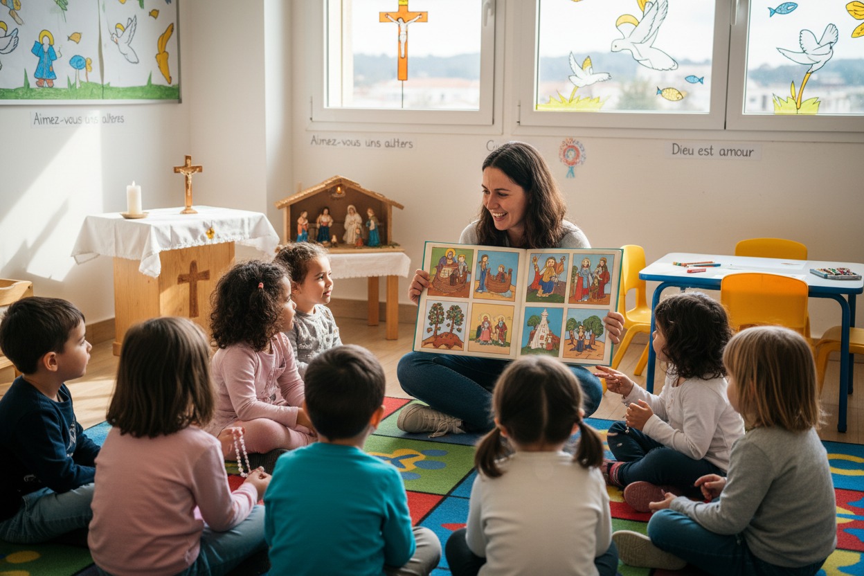 Une femme assise en tailleur sur un tapis lit un livre illustré à un groupe d'enfants attentifs dans une salle de classe.
