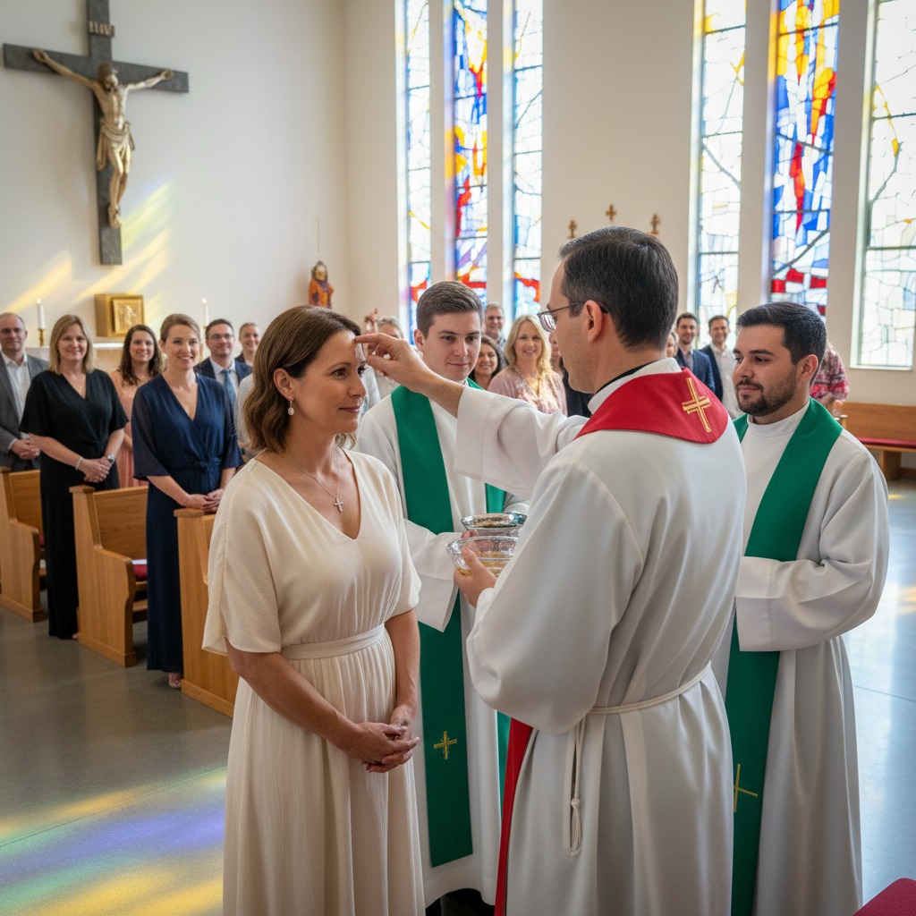 Un prêtre applique de l'huile sainte sur le front d'une femme lors d'une cérémonie religieuse à l'église.
